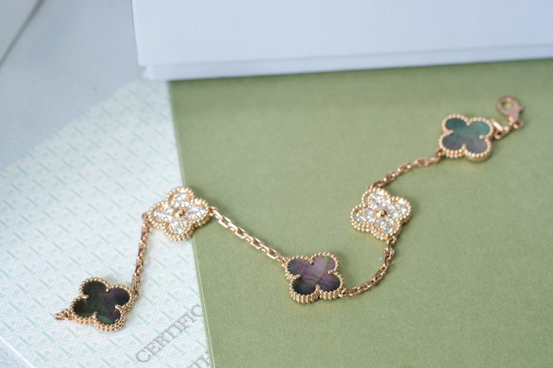 [Echo Fine ]CLOVER 5 MOTIFS DARK MOP AND DIAMONDS PINK GOLD BRACELET