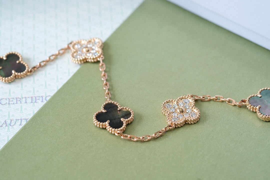 [Echo Fine ]CLOVER 5 MOTIFS DARK MOP AND DIAMONDS PINK GOLD BRACELET