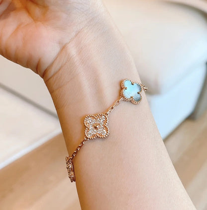 [Echo Fine ]CLOVER 5 MOTIFS DARK MOP AND DIAMONDS PINK GOLD BRACELET
